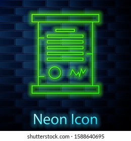 Glowing neon line Decree, paper, parchment, scroll icon icon isolated on brick wall background.  Vector Illustration