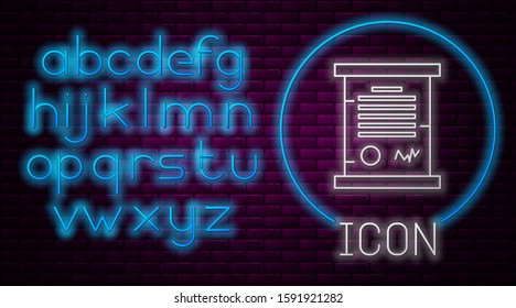 Glowing neon line Decree, paper, parchment, scroll icon icon isolated on brick wall background. Neon light alphabet. Vector Illustration