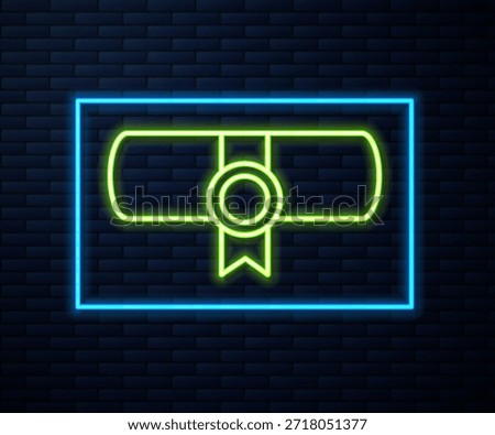 Glowing neon line Decree, paper, parchment, scroll icon icon isolated on brick wall background.  Vector