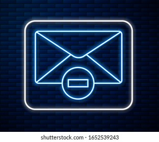Glowing neon line Delete envelope icon isolated on brick wall background. Delete or error letter. Cross on message. Rejected mail.  Vector Illustration