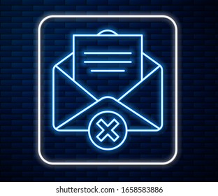 Glowing neon line Delete envelope icon isolated on brick wall background. Delete or error letter. Cross on message. Rejected mail.  Vector Illustration