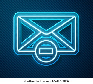 Línea de neón brillante Suprimir icono de sobre aislado en fondo azul. Eliminar o letra de error. Cruzar el mensaje. Correo rechazado. Ilustración vectorial