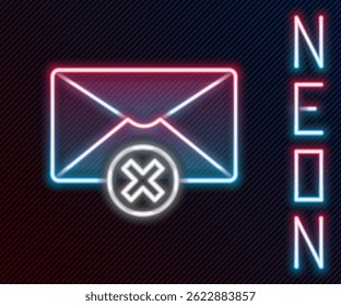 Glowing neon line Delete envelope icon isolated on black background. Delete or error letter. Cross on message. Rejected mail. Colorful outline concept. Vector Illustration
