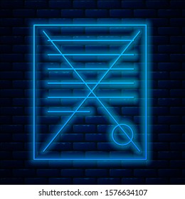 Glowing neon line Delete file document icon isolated on brick wall background. Rejected document icon. Cross on paper.  Vector Illustration