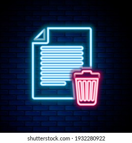 Glowing neon line Delete file document icon isolated on brick wall background. Paper sheet with recycle bin sign. Rejected document icon. Cross on paper. Colorful outline concept. Vector
