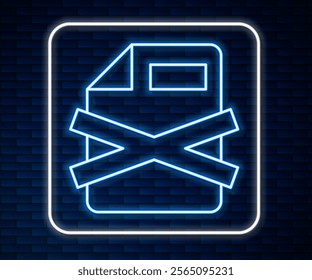 Glowing neon line Delete file document icon isolated on brick wall background. Rejected document icon. Cross on paper.  Vector
