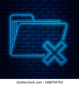 Glowing neon line Delete folder icon isolated on brick wall background. Folder with recycle bin. Delete or error folder. Close computer information folder.  Vector Illustration