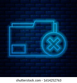 Glowing neon line Delete folder icon isolated on brick wall background. Delete or error folder. Close computer information folder.  Vector Illustration
