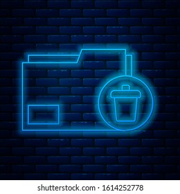 Glowing neon line Delete folder icon isolated on brick wall background. Delete or error folder. Close computer information folder.  Vector Illustration