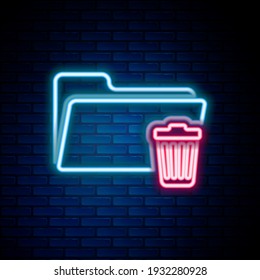 Glowing neon line Delete folder icon isolated on brick wall background. Folder with recycle bin. Delete or error folder. Close computer information folder. Colorful outline concept. Vector