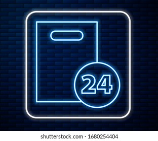 Glowing neon line Delivery with cardboard boxes icon isolated on brick wall background. Door to door delivery by courier.  Vector Illustration