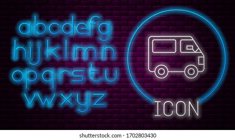 Glowing neon line Delivery cargo truck vehicle icon isolated on brick wall background. Neon light alphabet. Vector Illustration
