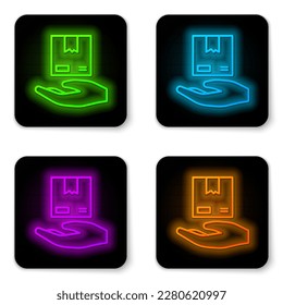 Glowing neon line Delivery hand with cardboard boxes icon isolated on white background. Door to door delivery by courier. Black square button. Vector Illustration