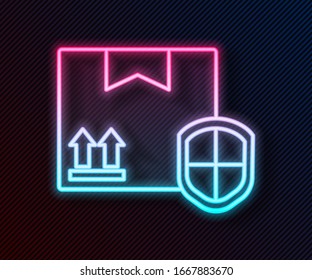 Glowing neon line Delivery pack security with shield icon isolated on black background. Delivery insurance. Insured cardboard boxes beyond the shield.  Vector Illustration