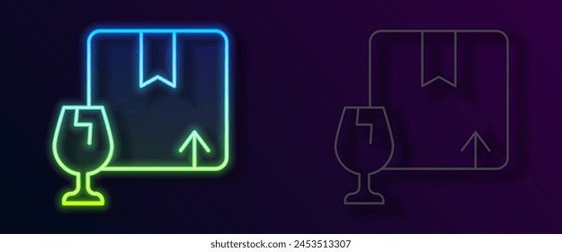 Glowing neon line Delivery package box with fragile content symbol of broken glass icon isolated on black background. Box, package, parcel sign.  Vector