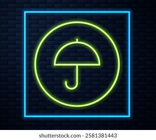 Glowing neon line Delivery package with umbrella symbol icon isolated on brick wall background. Parcel cardboard box with umbrella sign. Logistic and delivery.  Vector