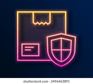 Glowing neon line Delivery security with shield icon isolated on black background. Delivery insurance. Insured cardboard boxes beyond the shield.  Vector