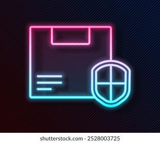 Línea de neón brillante Seguridad de entrega con icono de escudo aislado sobre fondo negro. Seguro de entrega. Cajas de cartón aseguradas más allá del escudo.  Ilustración vectorial