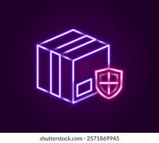 Glowing neon line Delivery security with shield icon isolated on black background. Delivery insurance. Insured cardboard boxes beyond the shield. Colorful outline concept. Vector