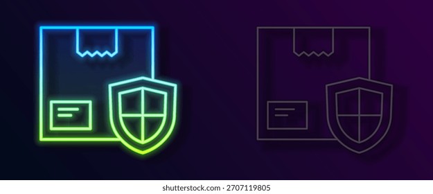 Glowing neon line Delivery security with shield icon isolated on black background. Delivery insurance. Insured cardboard boxes beyond the shield.  Vector