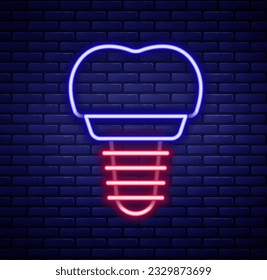 Glowing neon line Dental implant icon isolated on brick wall background. Colorful outline concept. Vector