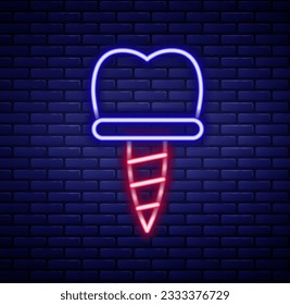 Glowing neon line Dental implant icon isolated on brick wall background. Colorful outline concept. Vector