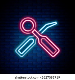 Glowing neon line Dental inspection mirror and explorer scaler icon isolated on brick wall background. Tool dental checkup. Colorful outline concept. Vector