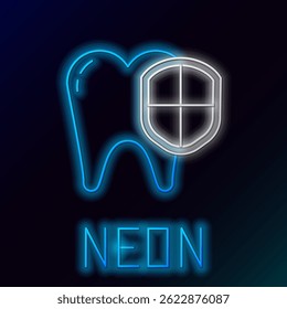 Glowing neon line Dental protection icon isolated on black background. Tooth on shield logo. Colorful outline concept. Vector