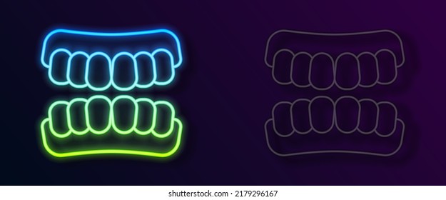Glowing neon line Dentures model icon isolated on black background. Teeth of the upper jaw. Dental concept.  Vector