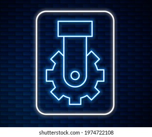 Glowing neon line Derailleur bicycle rear speed folding icon isolated on brick wall background.  Vector