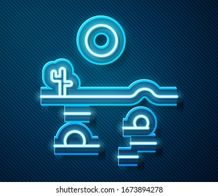 Glowing neon line Desert landscape with cactus icon isolated on blue background.  Vector Illustration