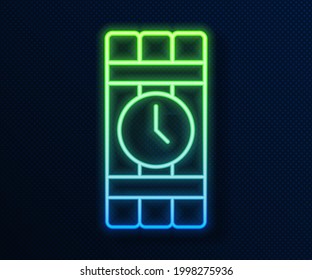 Línea de neón brillante Detonate la barra dinamita de la bomba y el icono del reloj del temporizador aislado en el fondo azul. Bomba de tiempo - concepto de peligro de explosión.  Vector