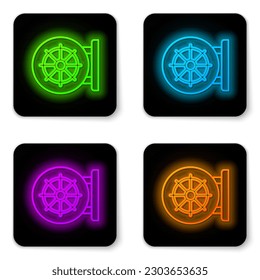 Glowing neon line Dharma wheel icon isolated on white background. Buddhism religion sign. Dharmachakra symbol. Black square button. Vector