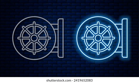 Glowing neon line Dharma wheel icon isolated on brick wall background. Buddhism religion sign. Dharmachakra symbol.  Vector