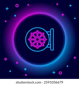 Glowing neon line Dharma wheel icon isolated on black background. Buddhism religion sign. Dharmachakra symbol. Colorful outline concept. Vector