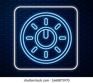 Glowing neon line Dial knob level technology settings icon isolated on brick wall background. Volume button, sound control, analog regulator.  Vector Illustration