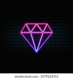 Glowing neon line Diamond icon isolated on brick wall background. Jewelry symbol. Gem stone. Colorful outline concept. Vector.