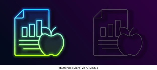 Icono de plan de dieta de línea de neón brillante aislado sobre fondo negro. Concepto de maratón de fitness, nutrición adecuada, comida saludable, hermoso cuerpo, verduras, adelgazamiento.  Vector
