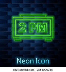 Glowing neon line Digital alarm clock icon isolated on brick wall background. Electronic watch alarm clock. Time icon.  Vector