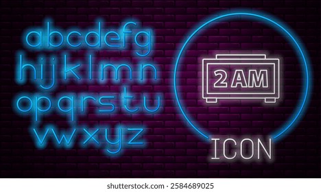 Glowing neon line Digital alarm clock icon isolated on brick wall background. Electronic watch alarm clock. Time icon. Neon light alphabet. Vector