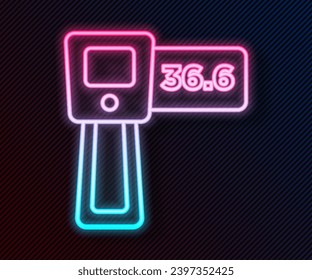 Glühendes Neonline Digital berührungsloses Thermometer mit Infrarot-Leuchtsymbol einzeln auf schwarzem Hintergrund.  Vektorgrafik