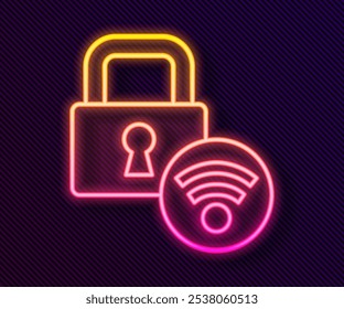 Glowing neon line Digital door lock with wireless technology for unlock icon isolated on black background. Door handle sign. Security smart home.  Vector