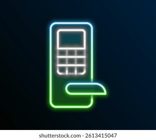 Glowing neon line Digital door lock with wireless technology for unlock icon isolated on black background. Door handle sign. Security smart home. Colorful outline concept. Vector