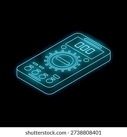 Glowing neon line digital multimeter icon isolated on black background, vector illustration