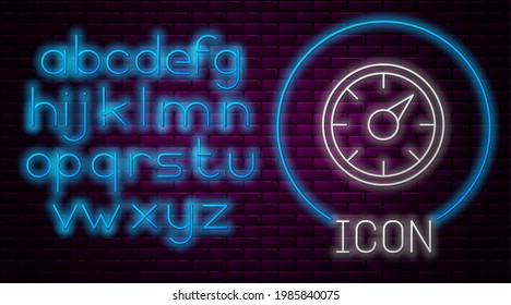 Glowing neon line Digital speed meter concept with 5G icon isolated on brick wall background. Global network high speed connection data rate technology. Neon light alphabet. Vector