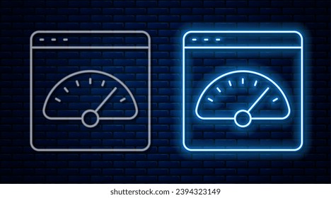 Línea de neón brillante Icono del medidor de velocidad digital aislado en el fondo de la pared de ladrillo. Tecnología de velocidad de datos de conexión de alta velocidad de red global.  Vector