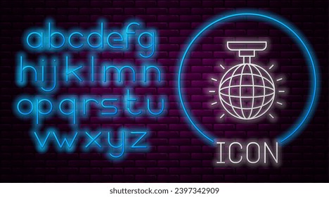 Glowing neon line Disco ball icon isolated on brick wall background. Neon light alphabet. Vector