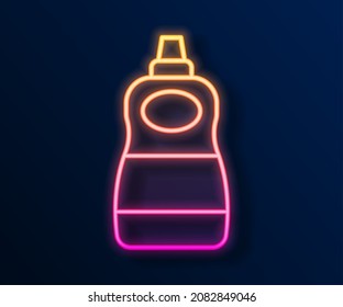 Glowing neon line Dishwashing liquid bottle icon isolated on black background. Liquid detergent for washing dishes.  Vector