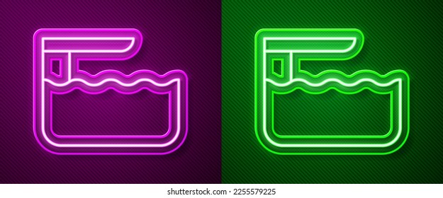 Glowing neon line Diving board or springboard icon isolated on purple and green background.  Vector