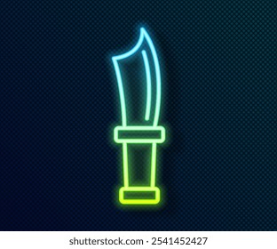 Icono de cuchillo de buceo de línea de neón brillante aislado sobre fondo negro.  Vector